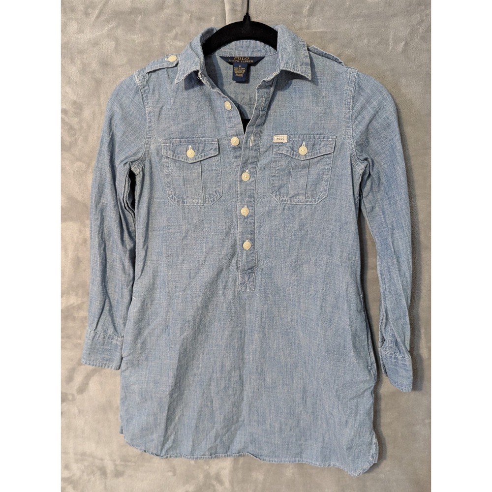 Polo Ralph Lauren Shirt Dress Girls 8 Blue Chambray Cotton Long Sleeve